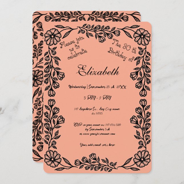Convite Pêssego e aniversário de 30 anos botânico preto (Frente/Verso)