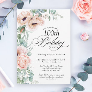 Convite Pêssego e Bege Floral Aquarela Aniversário de 100 