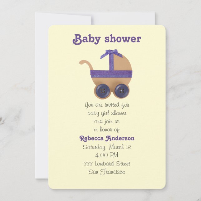 Convite Pêssego e carruagem de bebê roxa para chá de frald (Frente)