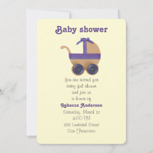 Convite Pêssego e carruagem de bebê roxa para chá de frald