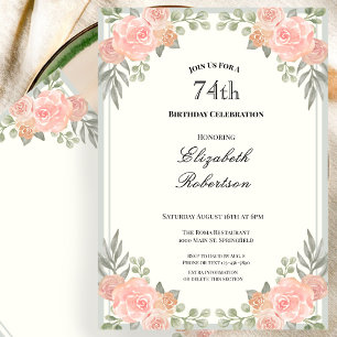 Convite Pêssego e Floral Verde Salvia 74º Aniversário