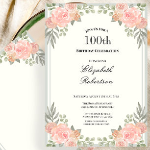 Convite Pêssego e Floral Verde Salvia Aniversário de 100 a