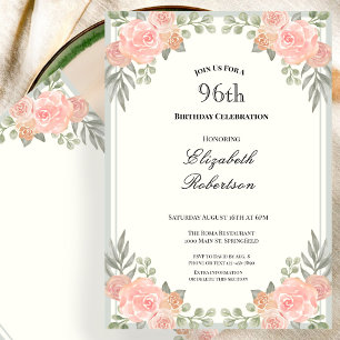 Convite Pêssego e Floral Verde Salvia Aniversário de 96 an