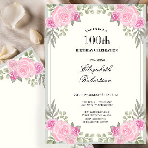 Convite Pêssego e Verde Musgo Floral 100º Aniversário