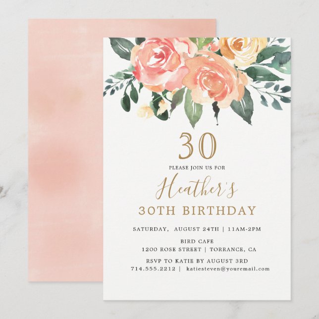 Convite Pêssego Elegante e aniversário de 30 anos Floral D (Frente/Verso)
