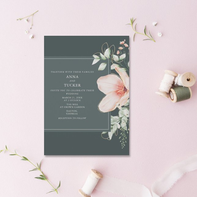 Convite Pêssego Elegante e Casamento Floral de Esmeralda D (Criador carregado)