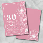 Convite Pêssego Floral Aniversário de 30 anos<br><div class="desc">Apresentando um convite de aniversário de 30 anos chique e elegante, perfeito para celebrar trinta anos com estilo. O design apresenta um fundo rosa mais profundo, quase como uma cor dourada rosa escura, com delicada arte linear de flores de anêmona descendo pelo lado direito. Embora sejam flores de anêmona, elas...</div>