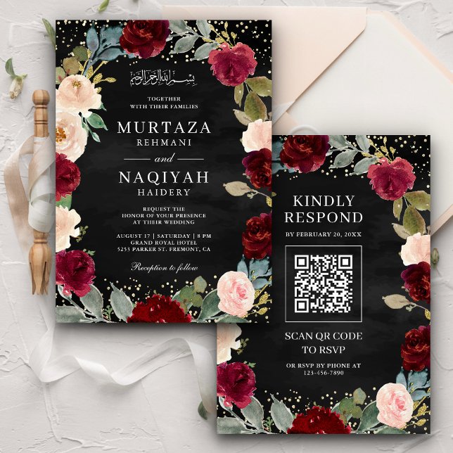 Convite Pêssego Floral Código QR Negro Casamento Muçulmano (Criador carregado)