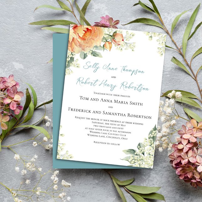 Convite Pêssego Floral de Aquarela Azul Elegante (Wedding beautiful peach floral invitations. )