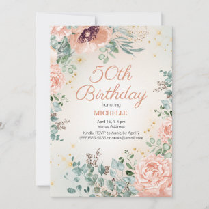 Convite Pêssego Floral Dourado Brilho 50º Aniversário