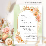 Convite Pêssego Floral Elegante e Casamento Verde<br><div class="desc">Aprecie seus convidados com este elegante convite de casamento que apresenta seus detalhes de casamento em um belo arco com detalhes florais em uma bela mistura de pêssego, rosa-pincel, creme e champanhe e delicada mancha verde-aquática em cascata atrás. Opção de mudar "juntamente com os seus pais" para "juntamente com as...</div>