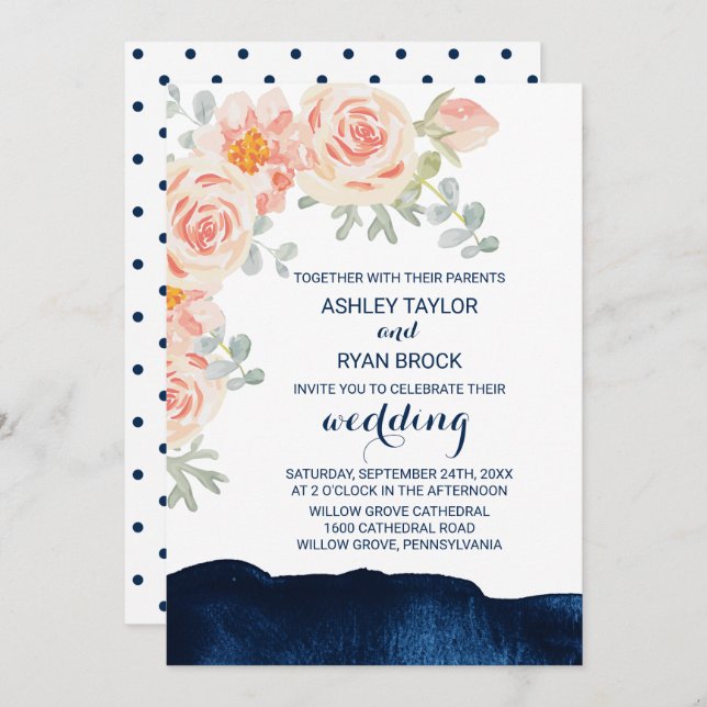 Convite Pêssego Floral Rosa e Marinho Casamento por Aquare (Frente/Verso)