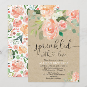 Convite Pêssego floral rústico de bebê borrifador