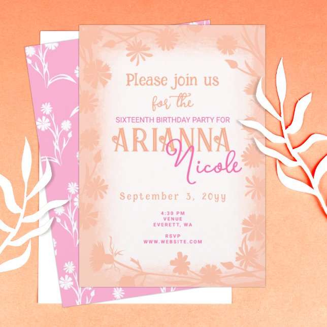 Convite Pêssego, Flores Selvagens Rosa Doce 16 Aniversário (peach pink sweet 16 sixteen birthday party invitation wild flowers daisies spring summer template)