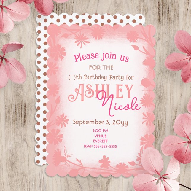 Convite Pêssego, Flores Selvagens Rosa, Festa de aniversár (peach pink floral border, mixed pink, beige script text, brown polka dots birthday party invitation)