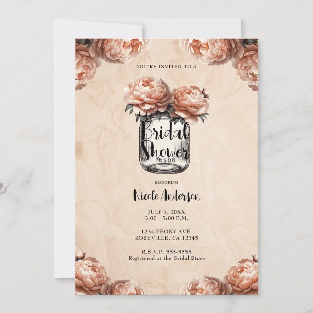 Convite Pêssego Peônia Pote de Pedra Casamento Rústico (Frente)