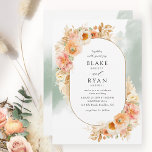 Convite Pêssego Pêssego Nado e Casamento Sage Oval<br><div class="desc">Aprecie seus convidados com este elegante convite de casamento que contém elementos florais requintados de cor d'água que rodeiam seus detalhes de casamento sobre o quadro oval e delicada mancha de cor verde-d'água delicada e suave. Flores, folhagem e erva-pampas numa bela mistura de pêssego, laranja, rosa-pincel, creme e matizes de...</div>
