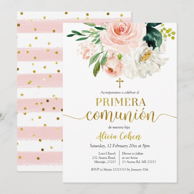 Convite Pêssego Pink Floral Primera comunión Invitación (Frente/Verso)