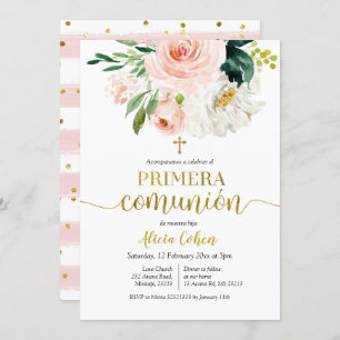 Convite Pêssego Pink Floral Primera comunión Invitación