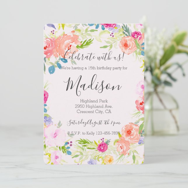 Convite Pêssego Pink Pink Aquarela Bonito Quic Aniversário (Em pé/Frente)