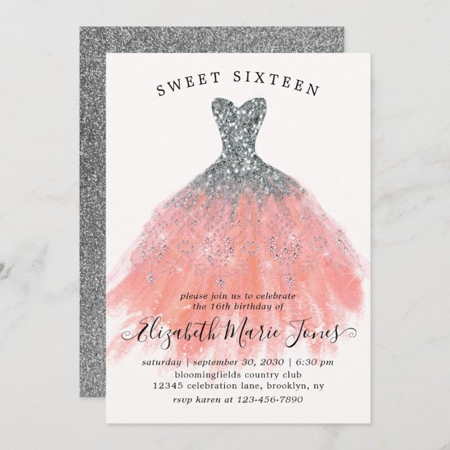 Convite Pêssego Prateado Vestido Doce Doce 16º Aniversário (Frente/Verso)