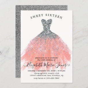 Convite Pêssego Prateado Vestido Doce Doce 16º Aniversário