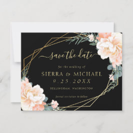Convite Pêssego Preto Elegante Floral Dourado Salve a Data