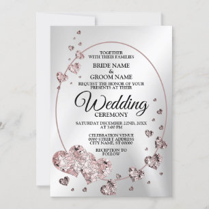 Convite Pêssego Rosa de Casamento Corações Brilhantes Geom