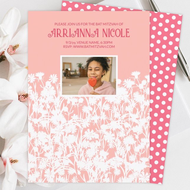 Convite Pêssego, Rosa Mauve, Flores Brancas Bat Mitzvah (peach pink white wild flowers meadow spring springtime bat mitzvah invitations pink polka dots)