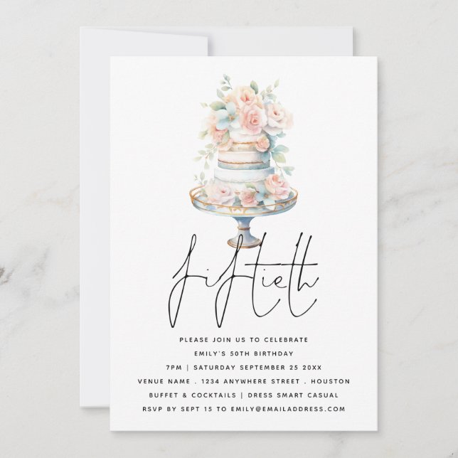 Convite Pêssego Rosa Pidroso Pintado de Bolo Elegante 50º  (Frente)