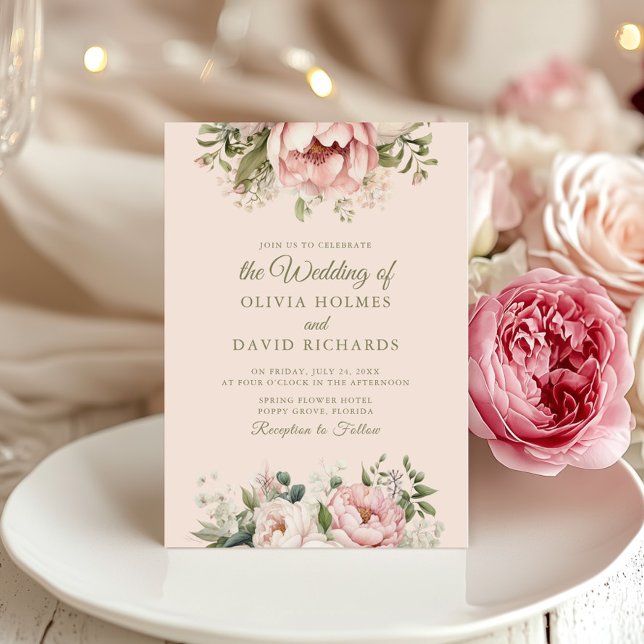 Convite Pêssego Suave e Casamento Floral Rosa Esbranquiçad (Soft Peach and Blush Pink Floral Wedding Invitation on an elegant wedding table with peonies)