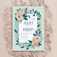 Pêssego Teal Floral Folha Frame Casamento