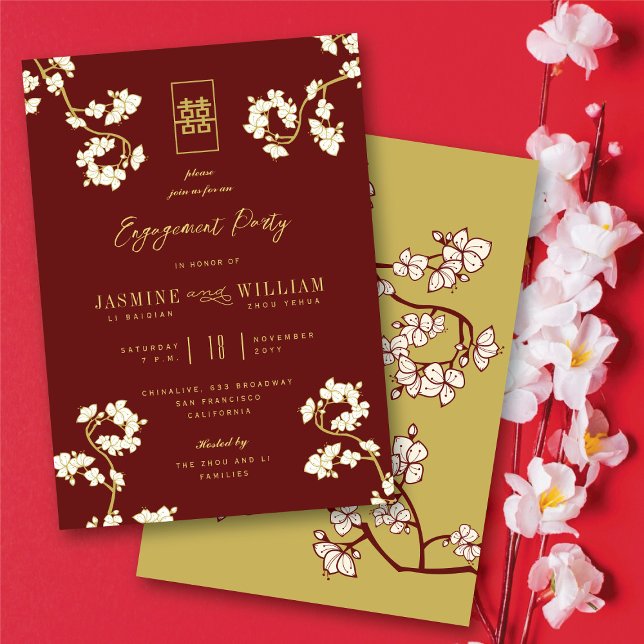 Convite Pêssego Vermelho/Pêssego Blossomo Quic Floral Asiá (Burgundy Red Peach/Plum Blossoms Chic Floral Asian Engagement Party Invitation @ fatfatin_red_knot)