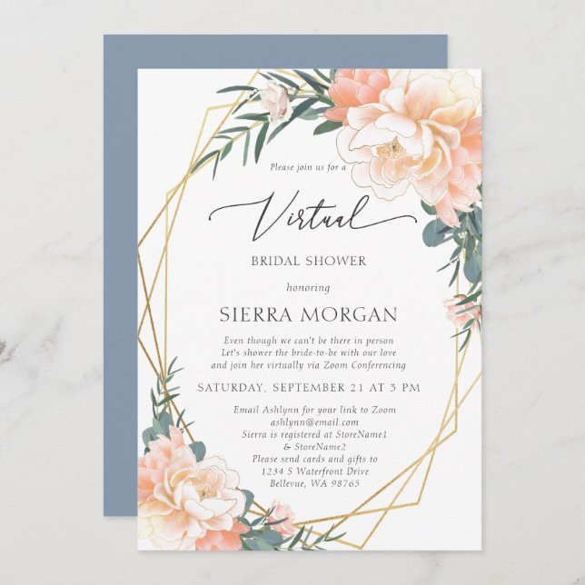 Convite Pêssego Virtual - Chá de panela Azul Dourado Dusty (Frente/Verso)