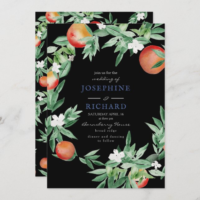 Convite Pêssegos, design de aquarela, preto-e-noite (Frente/Verso)