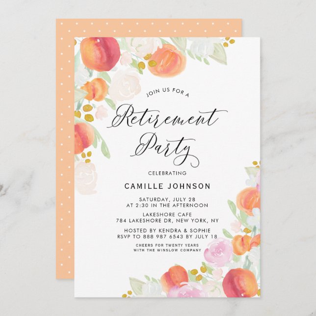 Convite Pêssegos e Flores de Aquarela (Frente/Verso)