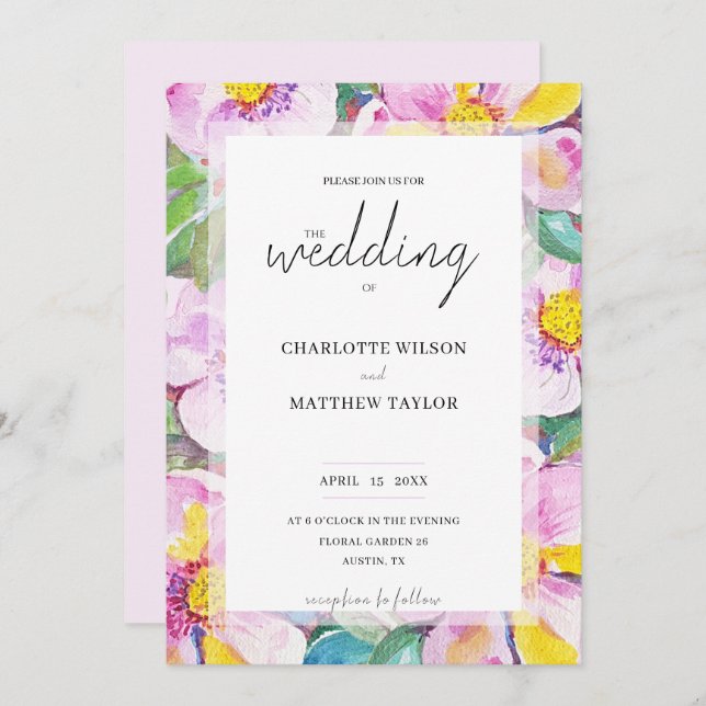 Convite Pêssegos Românticos Elegantes Flores Aquáticas (Frente/Verso)