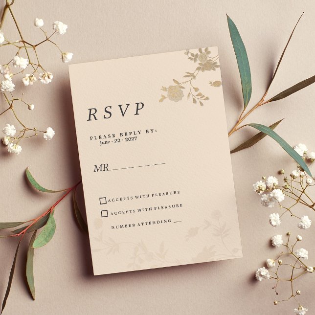 Convite Pessegueira de ouro elegante RSVP floral romântico (Elegant gold blush peach romantic floral RSVP)