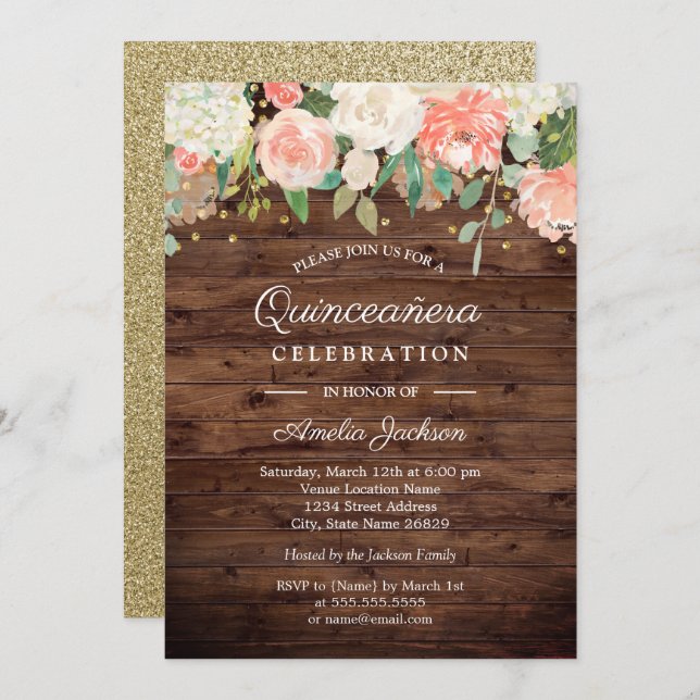 Convite Pessegueira Dourada russa Quinceanera, madeira flo (Frente/Verso)