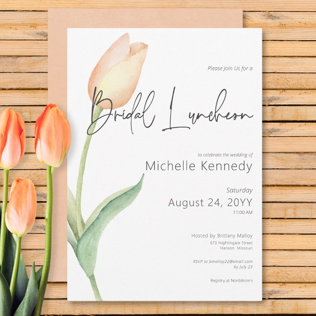 Convite Pessegueira Moderna Almofada Solo Bridal (Modern Peach Tulip Solo Bridal Luncheon Invitation)