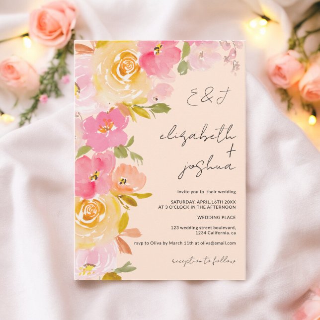 Convite Pessegueira romântica, rosa-amarelo-floral casamen (Romantic peach pink yellow floral photo wedding invitation)