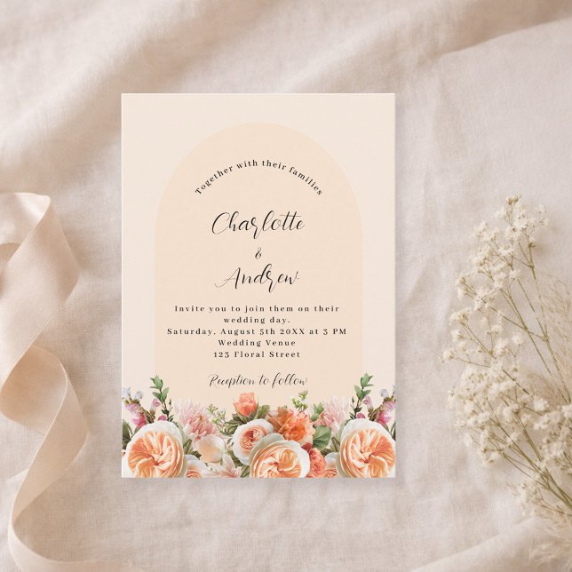 Convite Pessegueiro cor-de-rosa laranja floral casamento (Criador carregado)