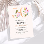 Convite Pessegueiro cor-de-rosa, número floral, ouro, 50 a<br><div class="desc">Um convite moderno,  na moda e glamouroso para a 50ª festa de aniversário. Um fundo cor de pêssego. Decorado com números de foral em ouro falso e rosa. O nome é escrito com um moderno estilo escrito à mão. Personalize e adicione os detalhes da sua festa.</div>