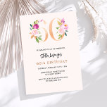 Convite Pessegueiro cor-de-rosa, número floral, ouro, 60 a<br><div class="desc">Um convite moderno,  na moda e glamouroso para uma 60ª festa de aniversário. Um fundo cor de pêssego. Decorado com números de foral em ouro falso e rosa. O nome é escrito com um moderno estilo escrito à mão. Personalize e adicione os detalhes da sua festa.</div>