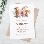 Convite Pessegueiro de rosa dourado doce 16<br><div class="desc">Um convite moderno, na moda e glamouroso para um doce 16. Fundo branco, decorado com um pêssego e uma flor púrpura de cor d'água. O nome é escrito com um moderno e escuro, rosa dourado, escrito com letra de estilo manuscrito. Personalize e adicione os detalhes da sua festa. O número...</div>