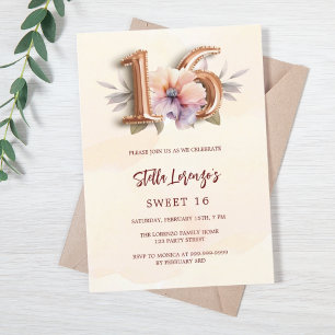 Convite Pessegueiro de rosa floral Sweet 16 luxuoso