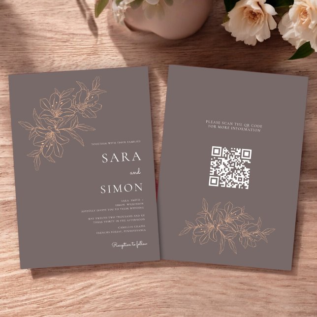 Convite Pessegueiro floral com código qr moderno (modern rustic peach floral wedding invitation with qr code for your wedding website )