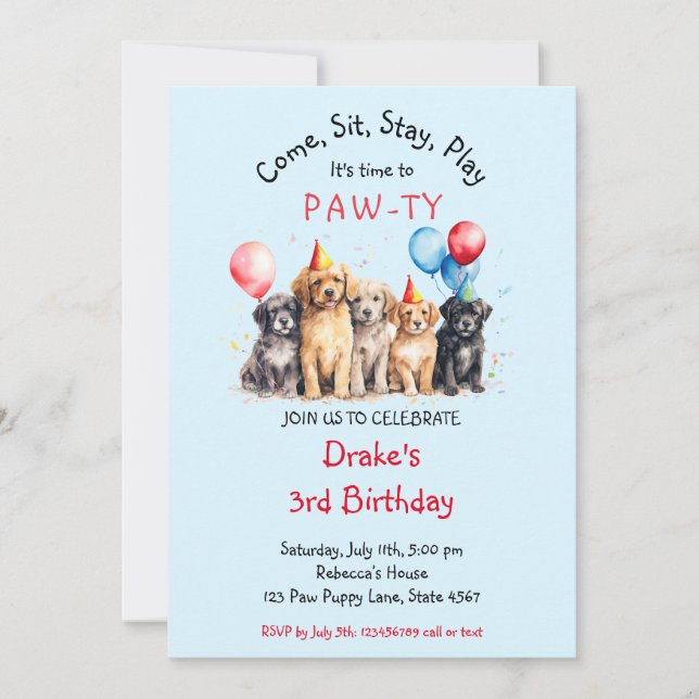 Convite Pet Puppy Dog Birthday Pawty (Frente)