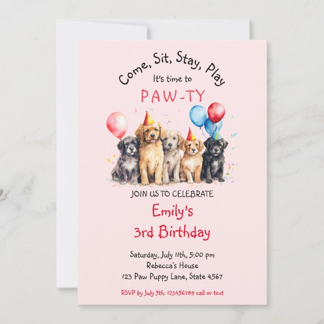 Convite Pet Puppy Dog Birthday Pawty (Frente)