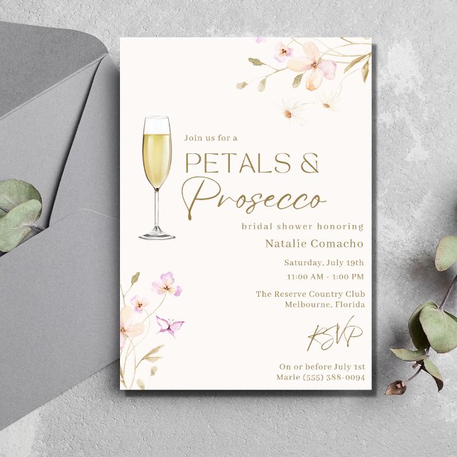 Convite Petais e Prosecco - Partido do Chá de panela Elega (Petals and Prosecco Elegant Bridal Shower Party Invitation)